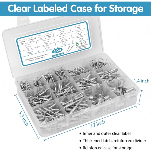 500PCS Aluminum Blind Rivets with A total of 14 specifications