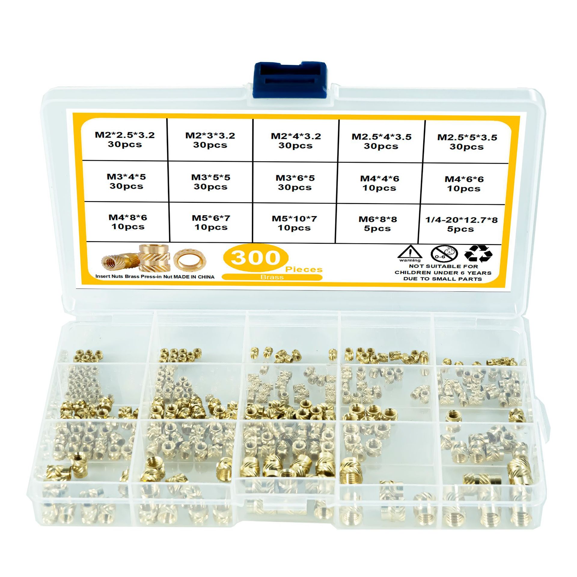 300Pcs Double Twill Knurled Brass Nuts Assortment Kit Hot Melt Injection Molding Insert Nuts Copper Threaded Inserts