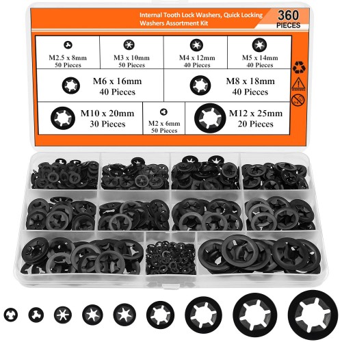 360Pcs Starlock Washers Assortment Set M2 M2.5 M3 M4 M5 M6 M8-M12, Star Lock Speed Clips Retaining Rings Washers Kit